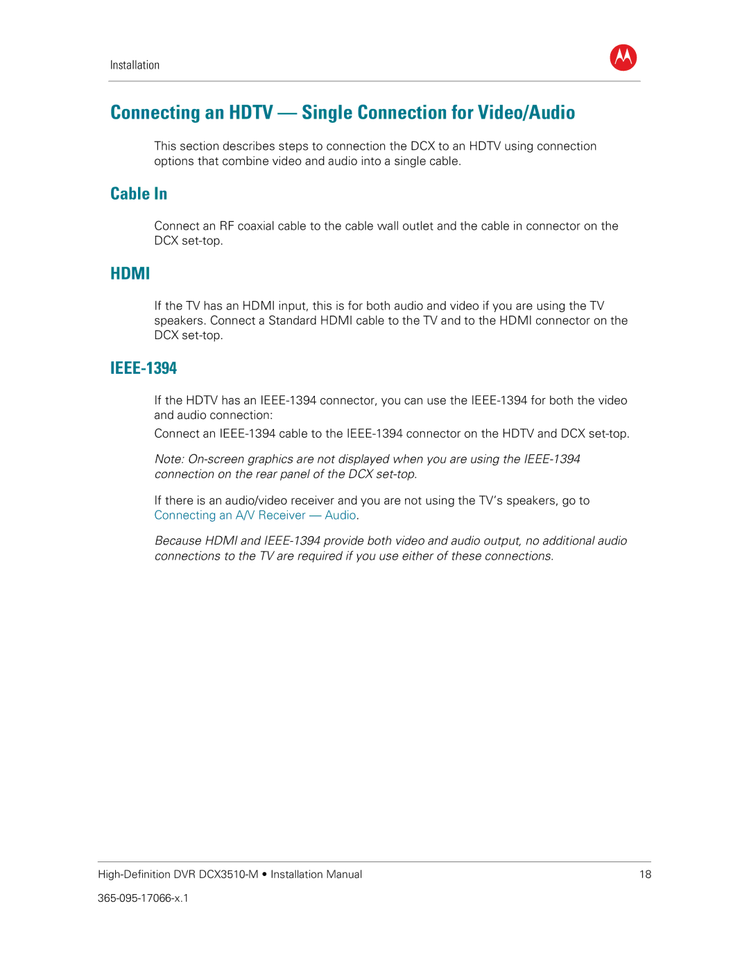 Motorola DCX3510-M installation manual Connecting an Hdtv Single Connection for Video/Audio, Cable, IEEE-1394 