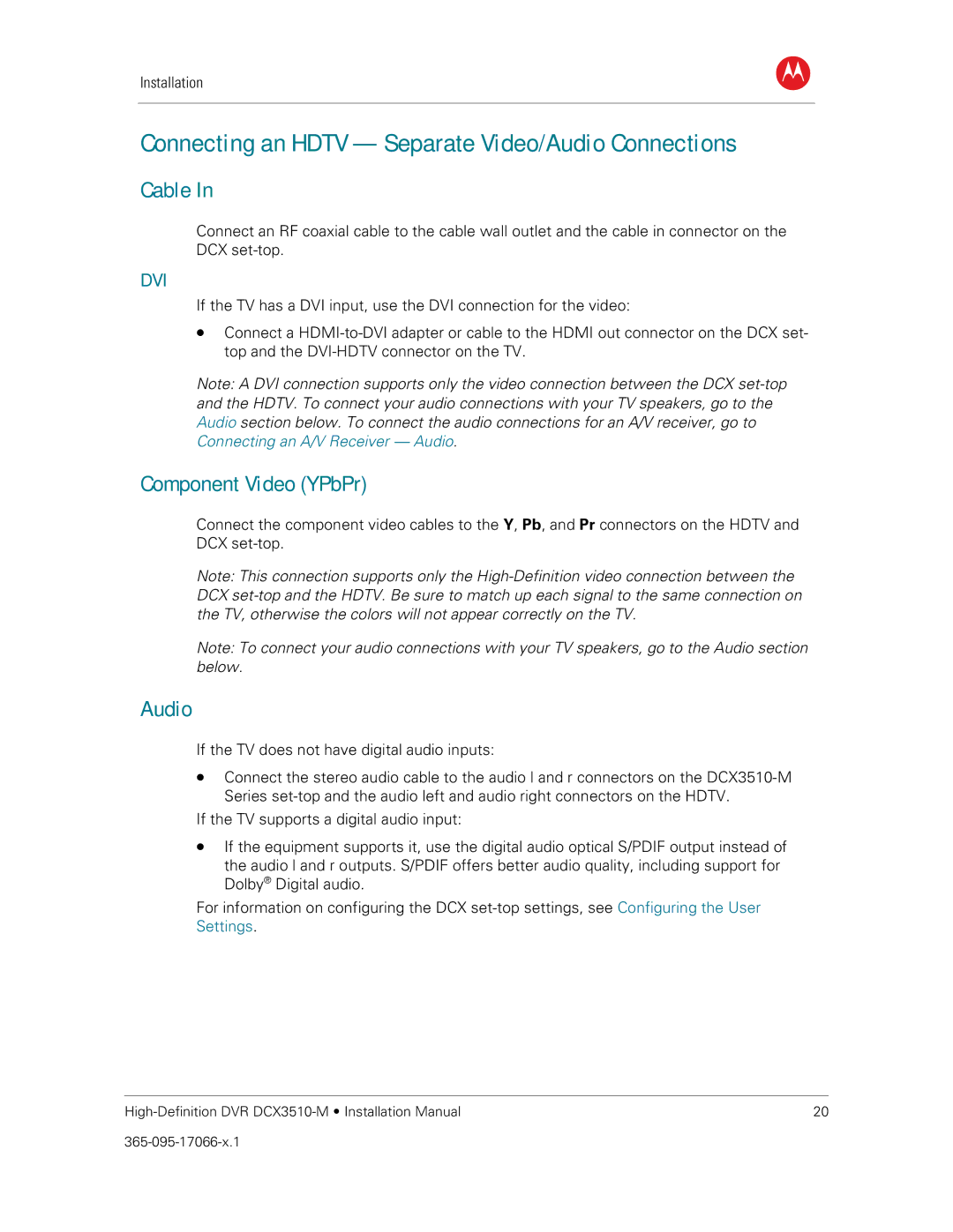 Motorola DCX3510-M installation manual Connecting an Hdtv Separate Video/Audio Connections, Component Video YPbPr 