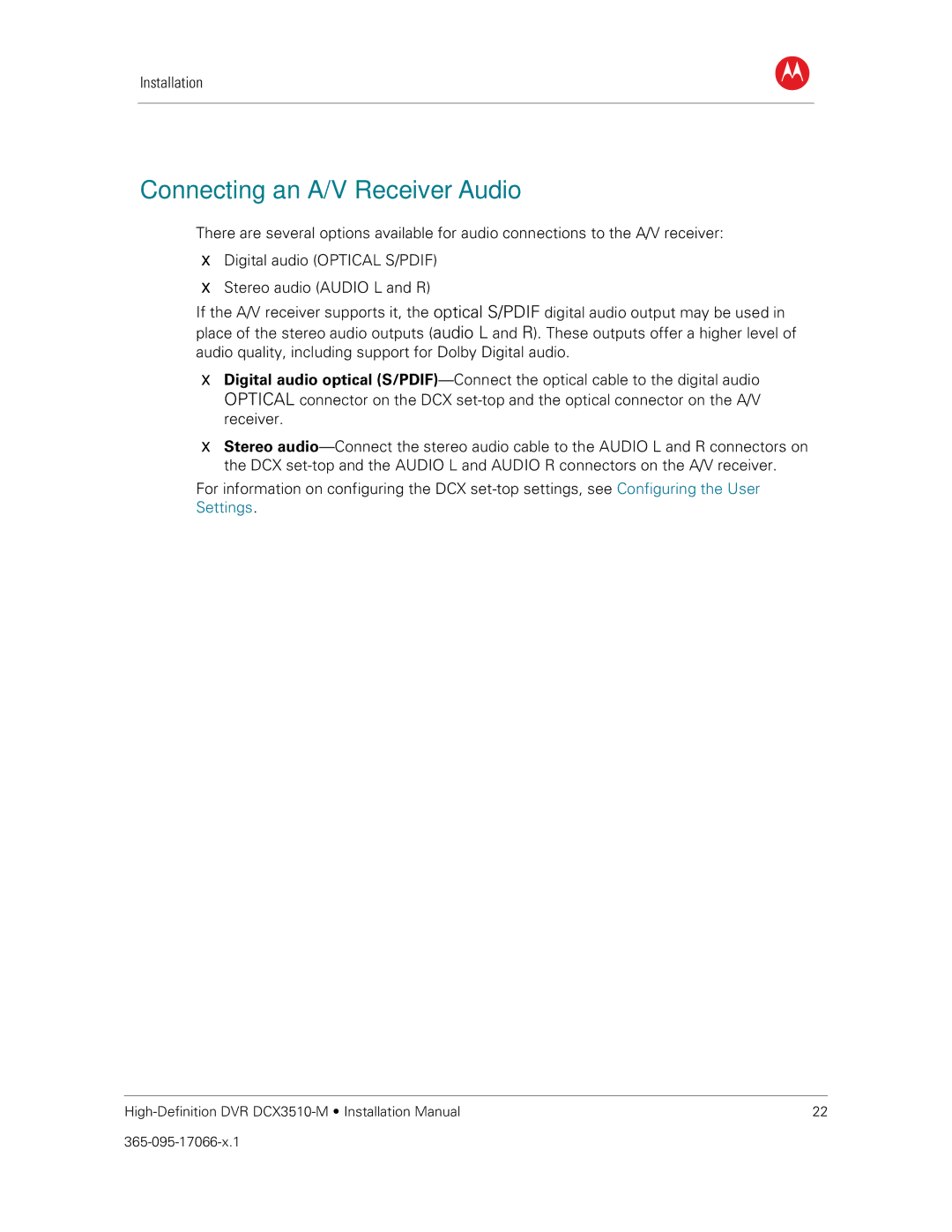 Motorola DCX3510-M installation manual Connecting an A/V Receiver Audio 