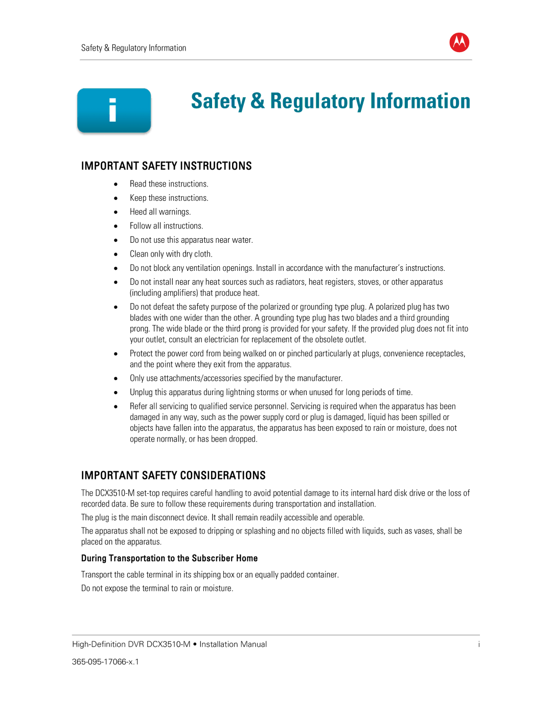 Motorola DCX3510-M installation manual Safety & Regulatory Information, During Transportation to the Subscriber Home 