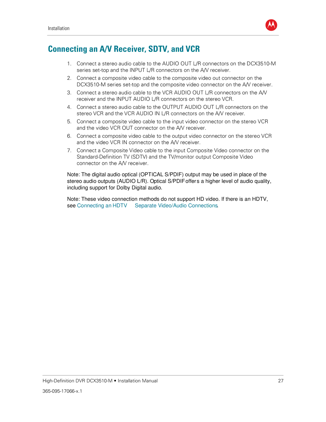 Motorola DCX3510-M installation manual Connecting an A/V Receiver, SDTV, and VCR 