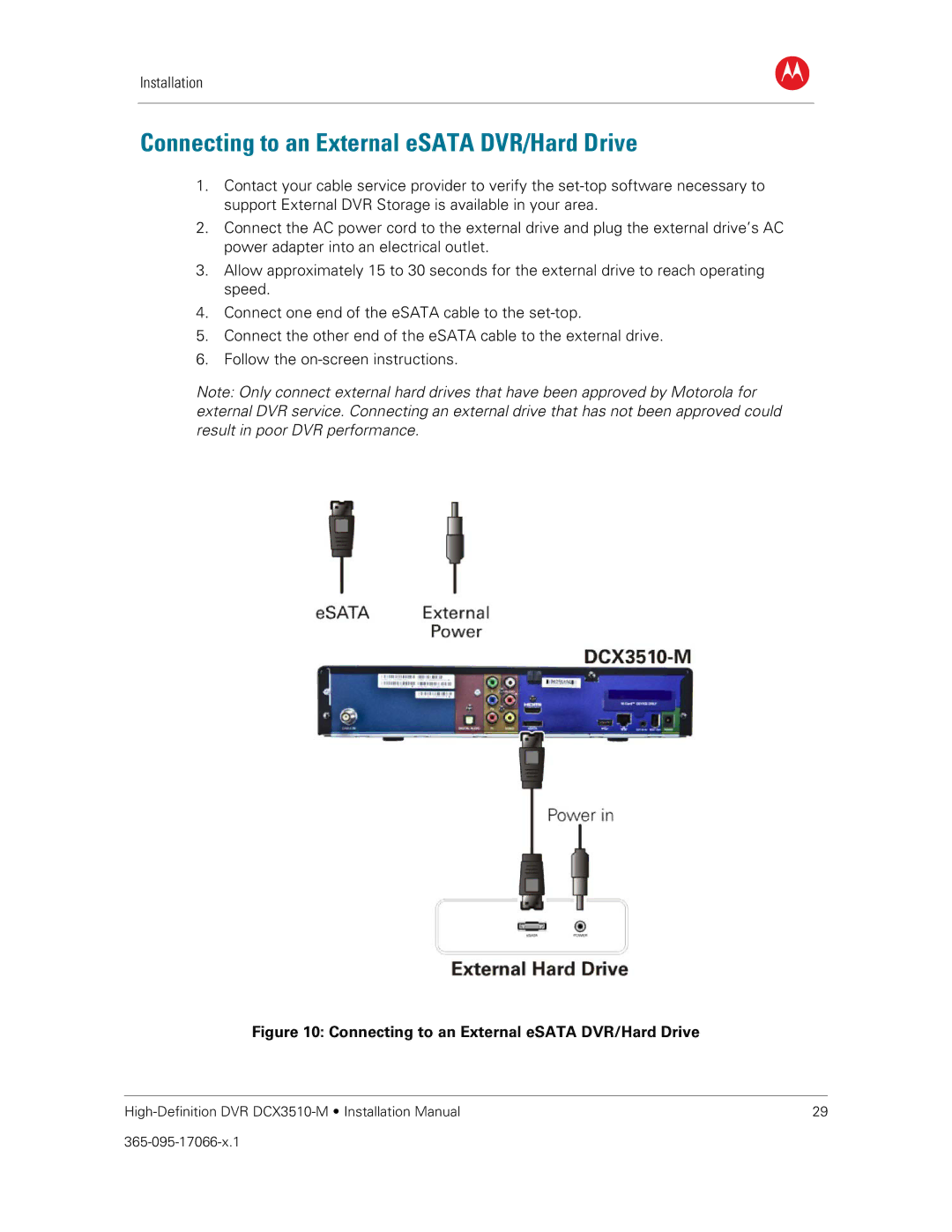 Motorola DCX3510-M installation manual Connecting to an External eSATA DVR/Hard Drive 