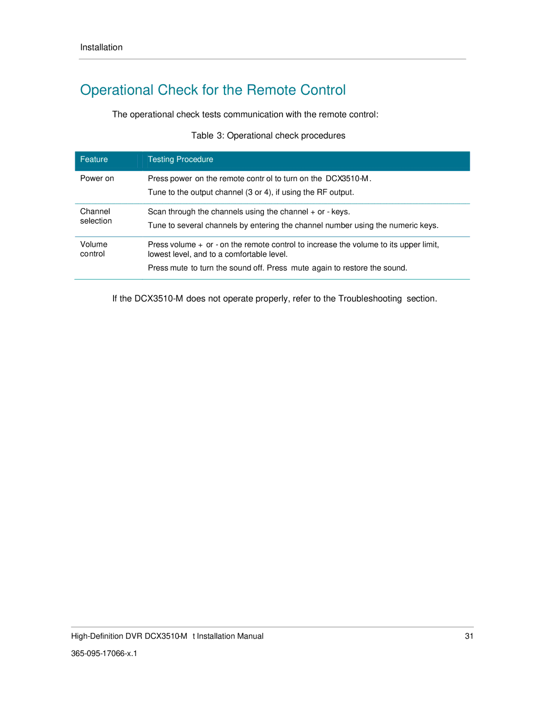 Motorola DCX3510-M installation manual Operational Check for the Remote Control, Operational check procedures 