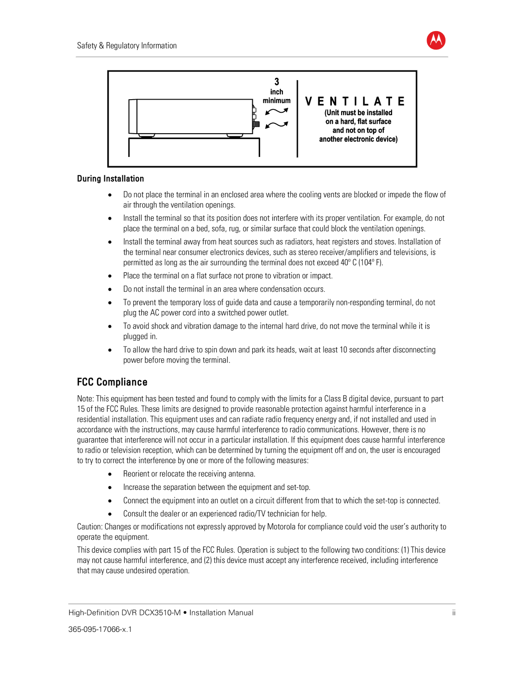 Motorola DCX3510-M installation manual FCC Compliance, During Installation 