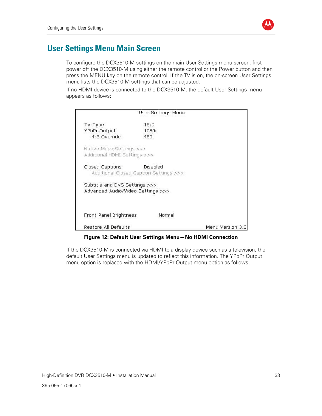 Motorola DCX3510-M installation manual User Settings Menu Main Screen, Default User Settings Menu-No Hdmi Connection 