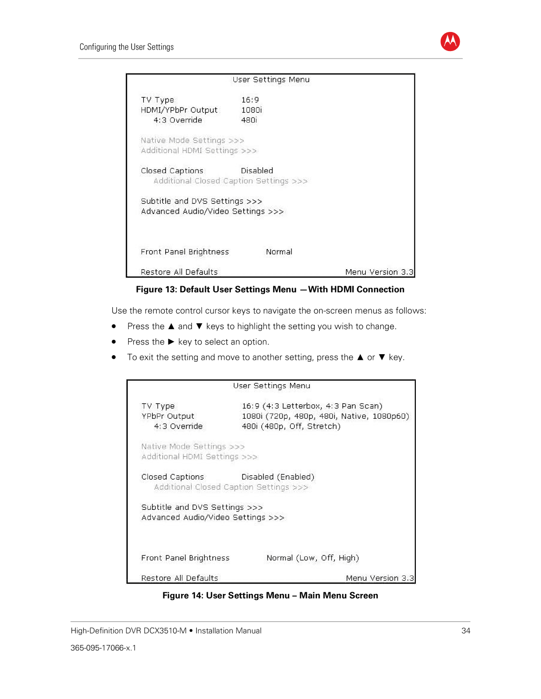 Motorola DCX3510-M installation manual Default User Settings Menu -With Hdmi Connection 