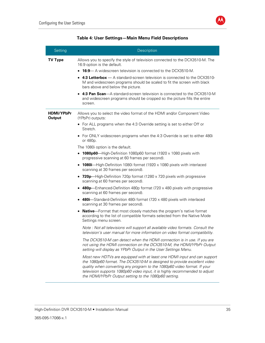 Motorola DCX3510-M installation manual User Settings-Main Menu Field Descriptions, TV Type, HDMI/YPbPr, Output 