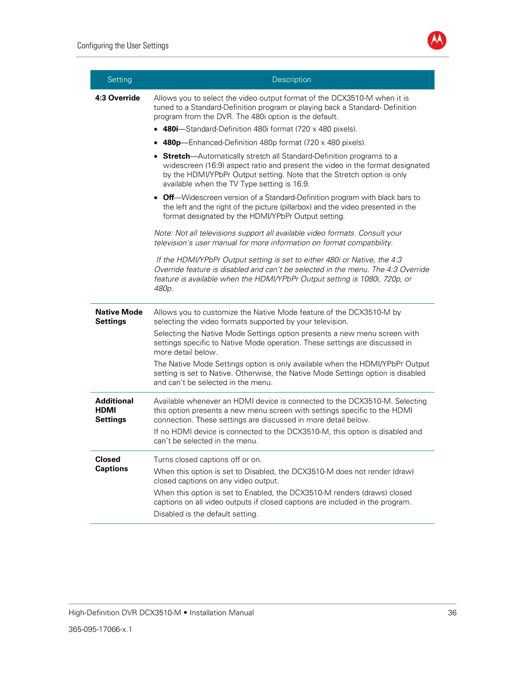 Motorola DCX3510-M installation manual Override, Native Mode, Settings, Additional, Closed, Captions 