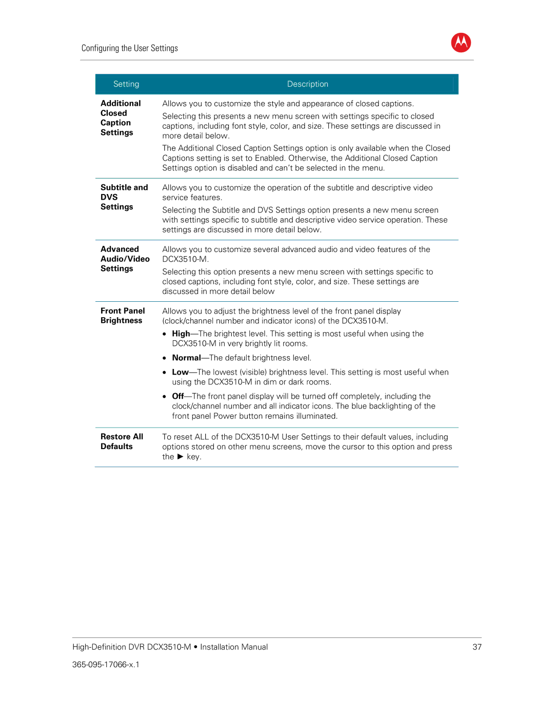 Motorola DCX3510-M installation manual Caption, Subtitle, Advanced, Audio/Video 