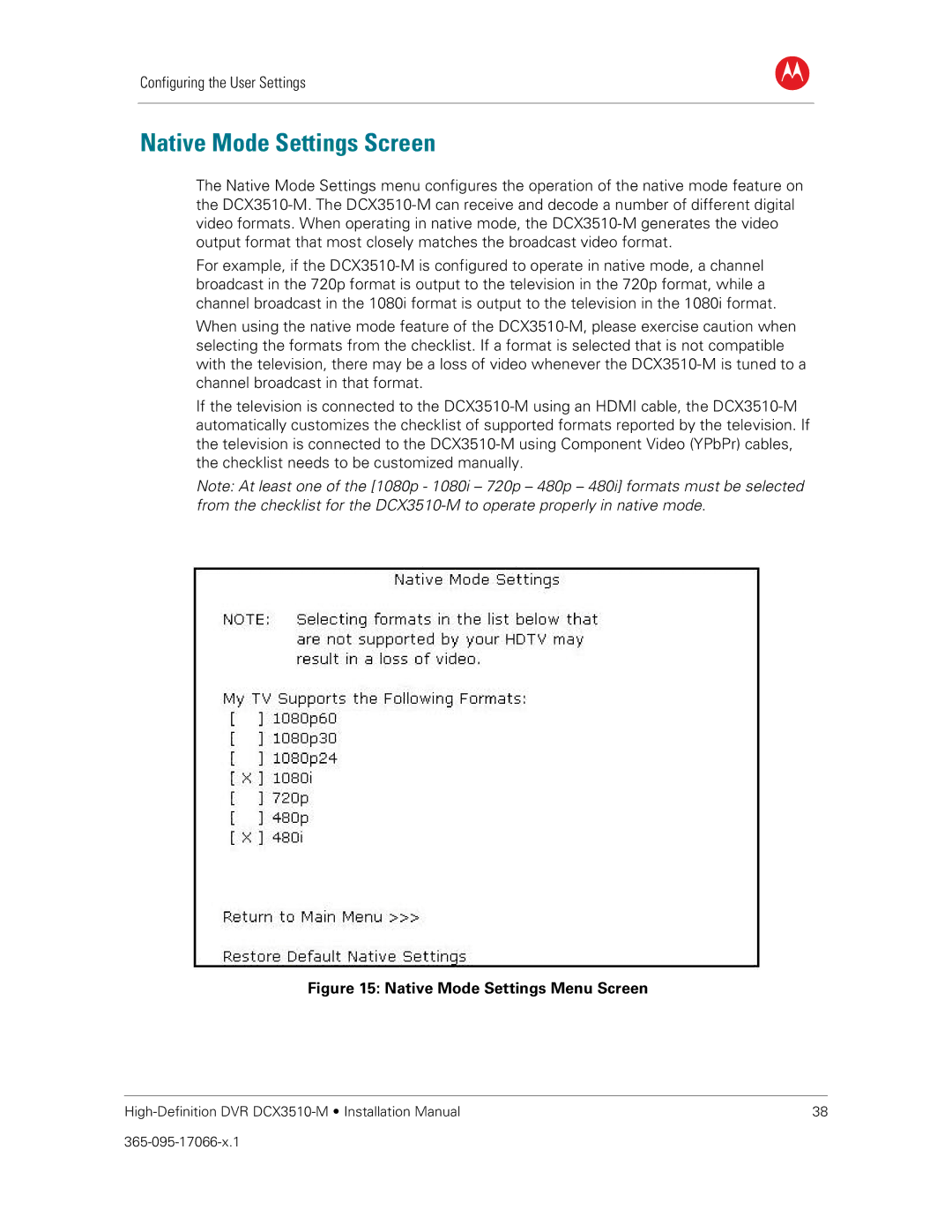 Motorola DCX3510-M installation manual Native Mode Settings Screen, Native Mode Settings Menu Screen 