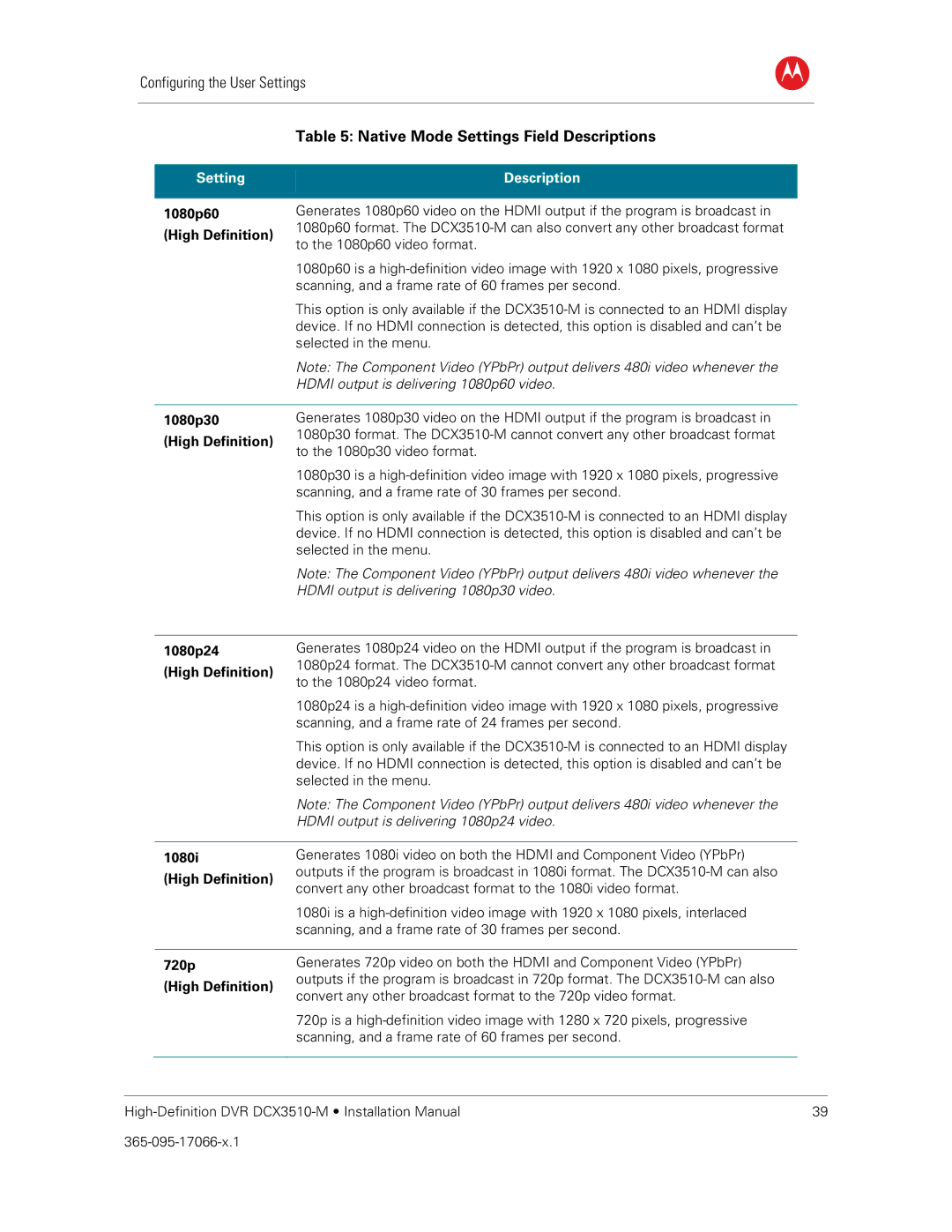 Motorola DCX3510-M installation manual Native Mode Settings Field Descriptions 