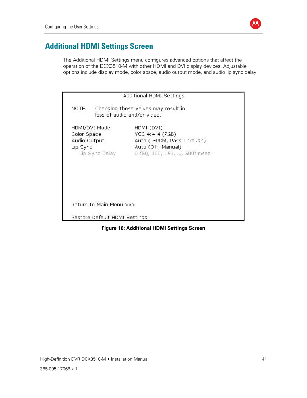 Motorola DCX3510-M installation manual Additional Hdmi Settings Screen 