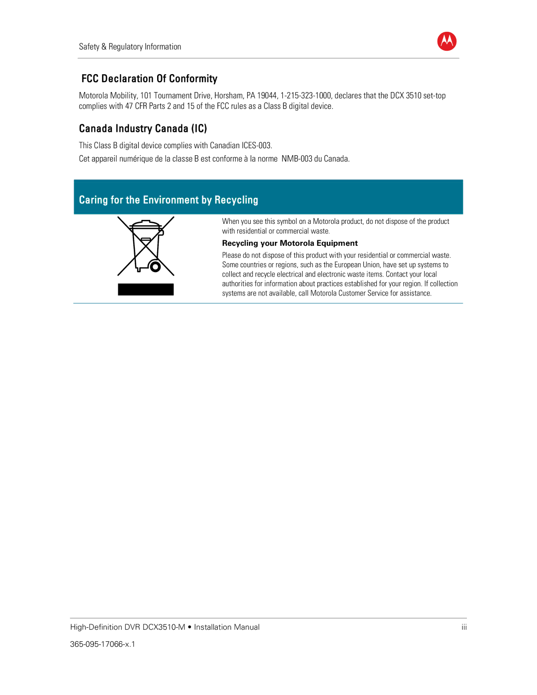 Motorola DCX3510-M installation manual FCC Declaration Of Conformity, Recycling your Motorola Equipment 