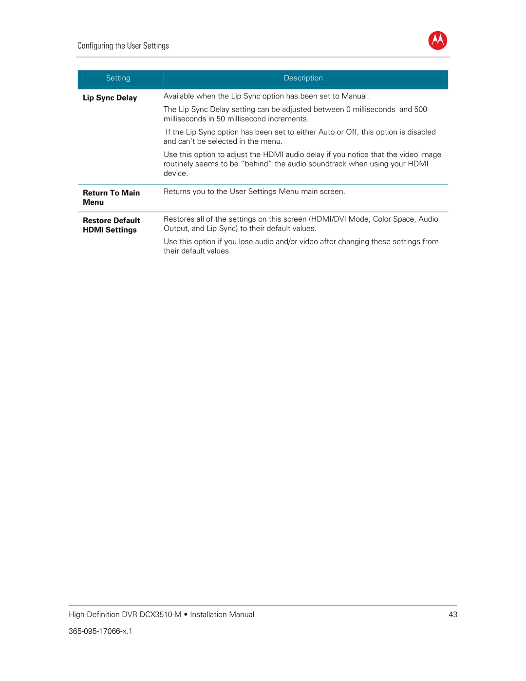 Motorola DCX3510-M installation manual Lip Sync Delay, Menu Restore Default Hdmi Settings 