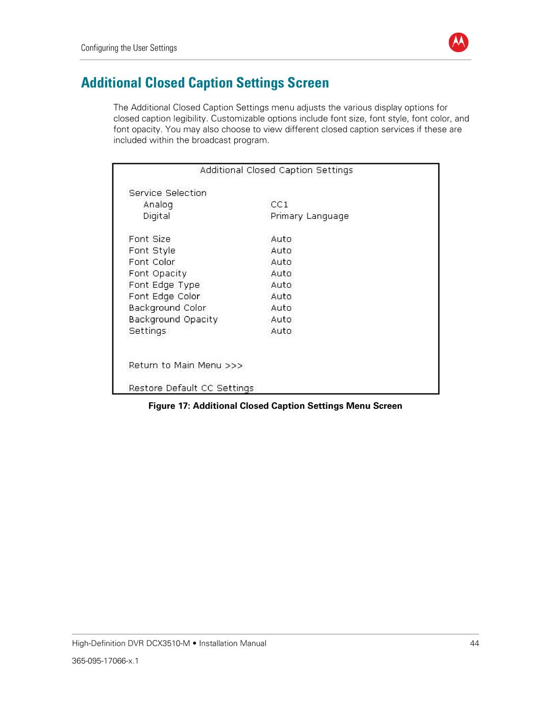 Motorola DCX3510-M Additional Closed Caption Settings Screen, Additional Closed Caption Settings Menu Screen 