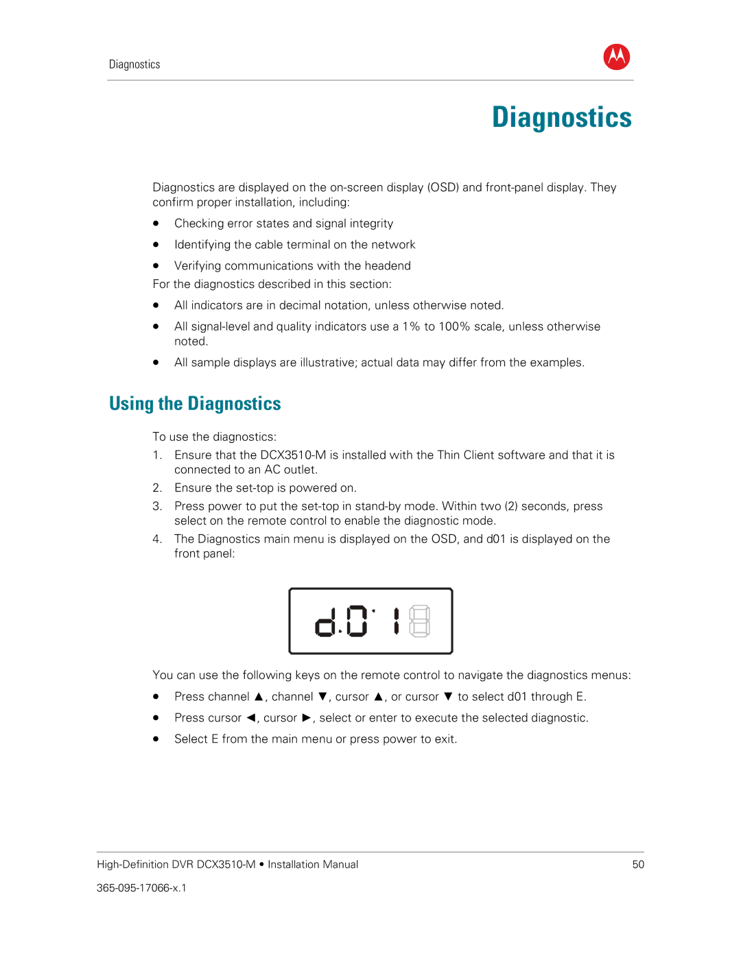 Motorola DCX3510-M installation manual 5Diagnostics, Using the Diagnostics 