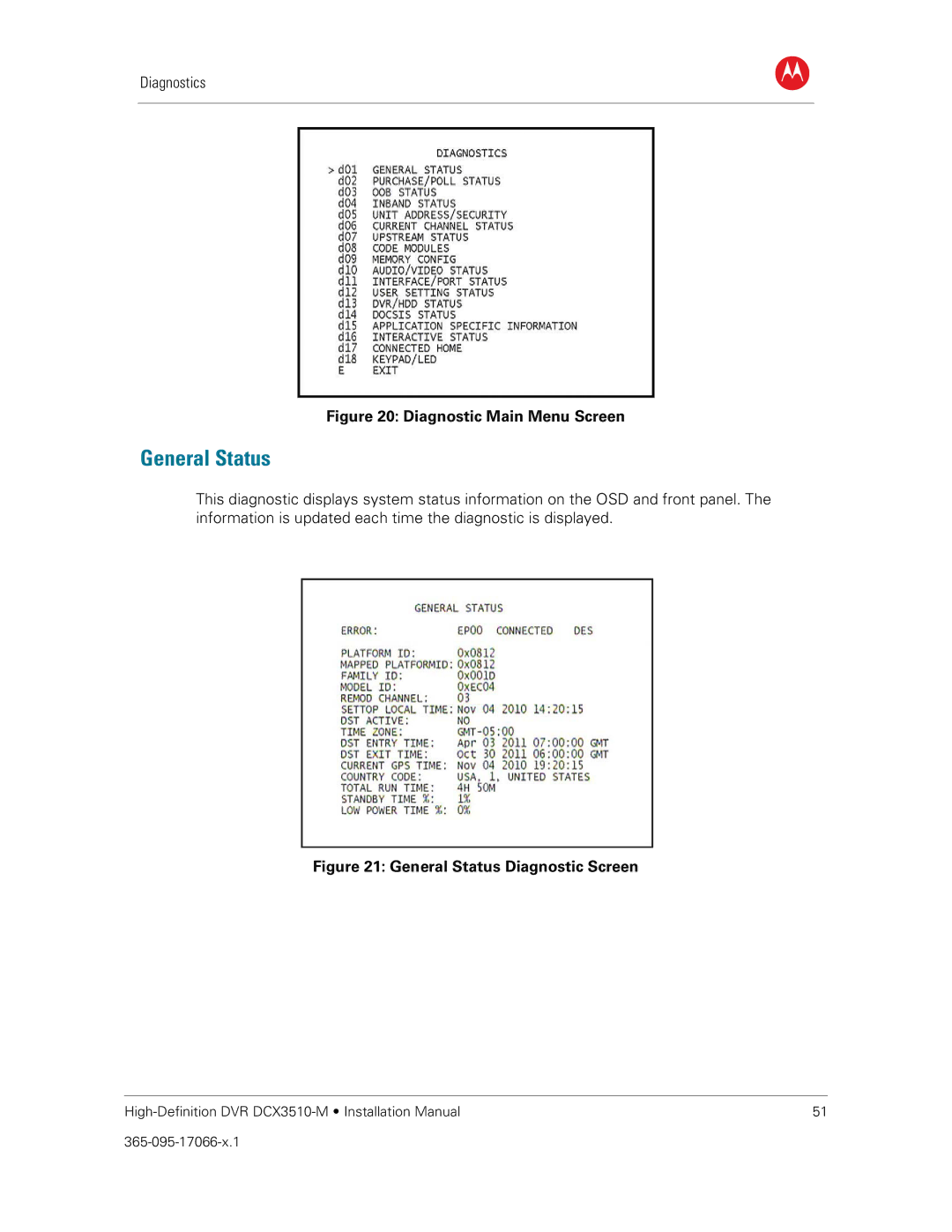 Motorola DCX3510-M installation manual General Status, Diagnostic Main Menu Screen 