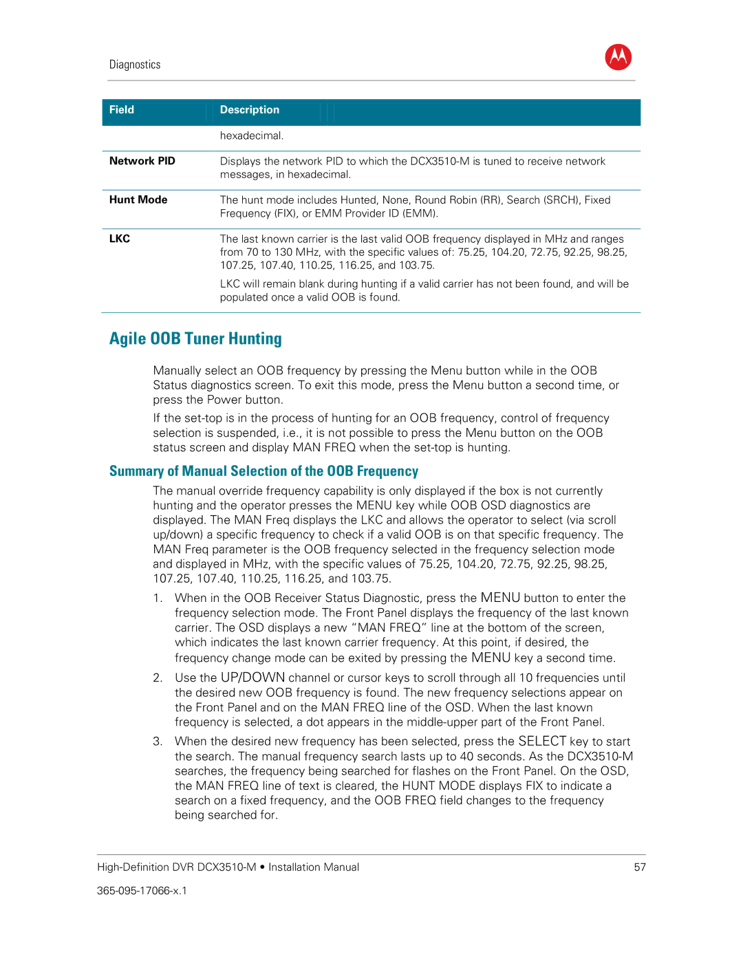 Motorola DCX3510-M installation manual Agile OOB Tuner Hunting, Network PID, Hunt Mode 