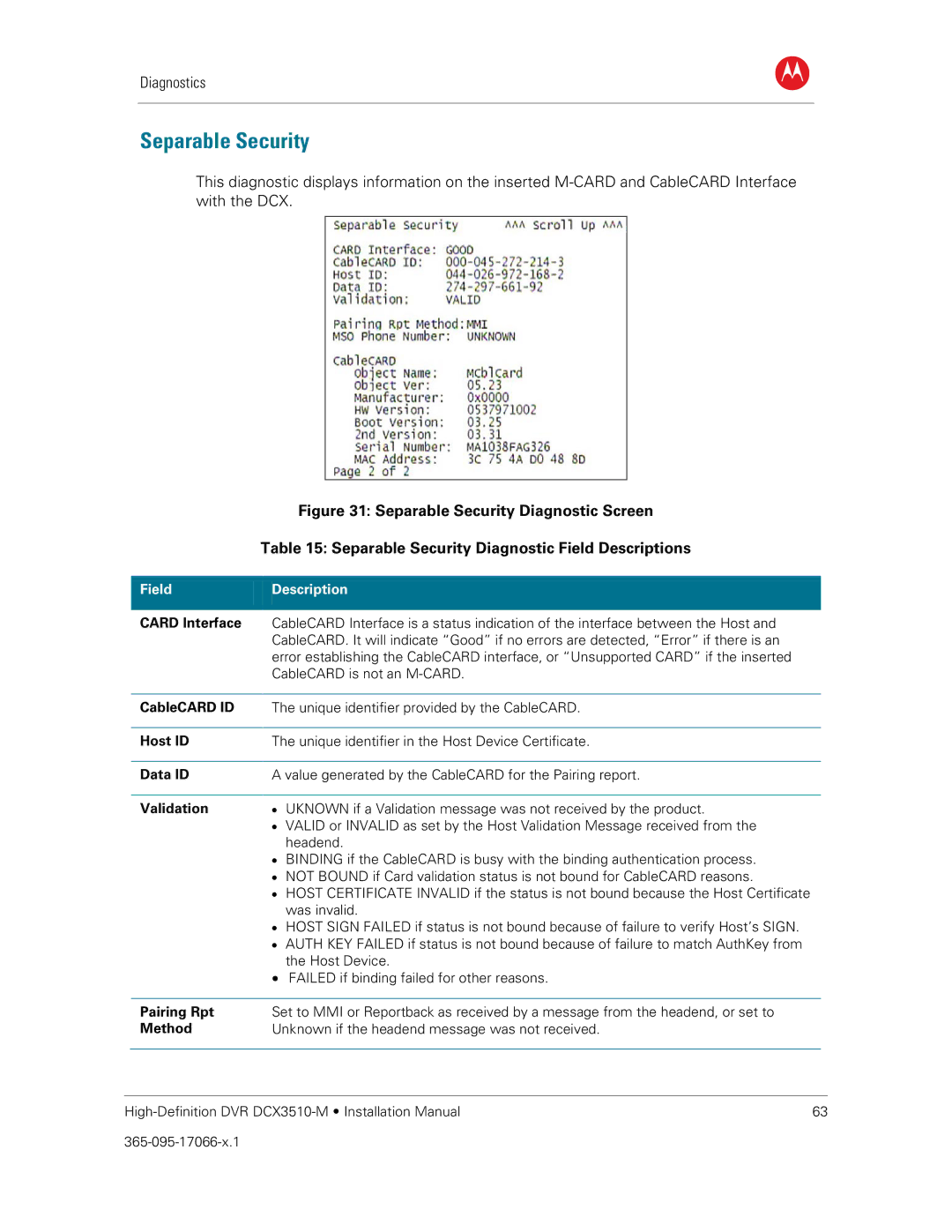 Motorola DCX3510-M installation manual Separable Security Diagnostic Field Descriptions 