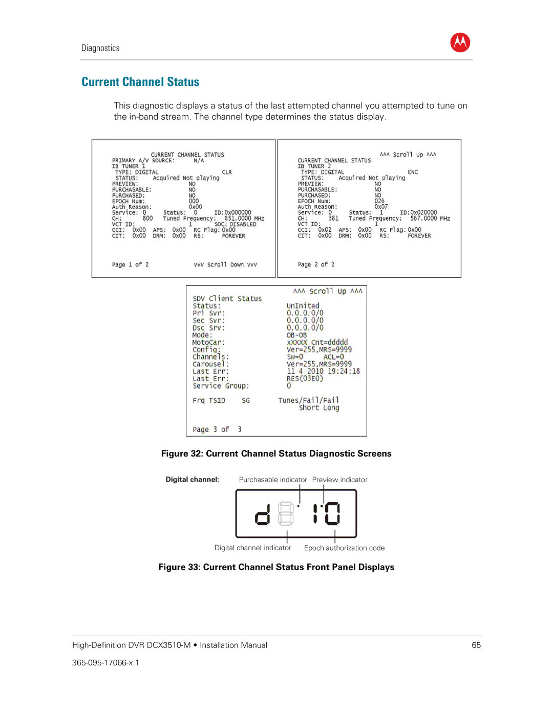 Motorola DCX3510-M installation manual Current Channel Status Diagnostic Screens 