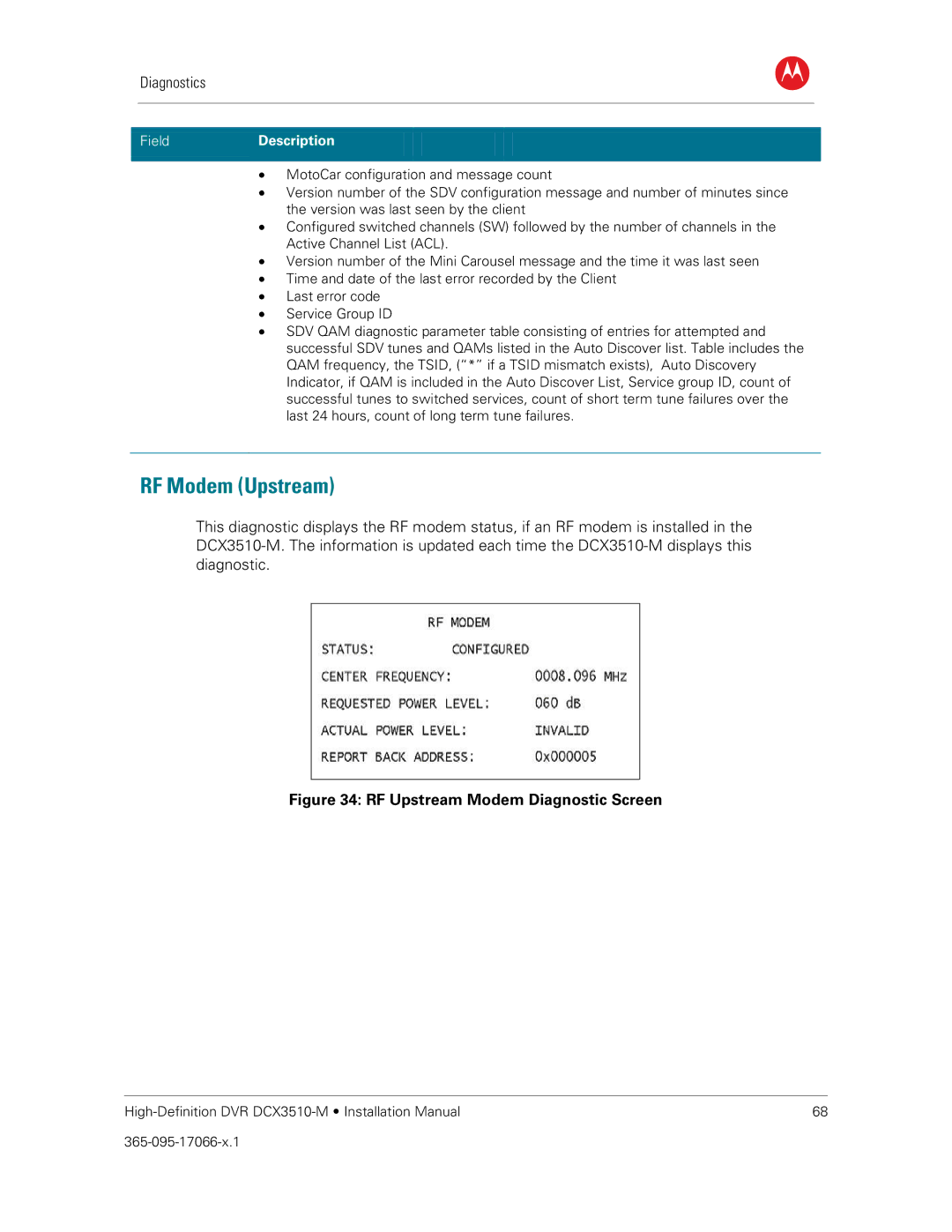 Motorola DCX3510-M installation manual RF Modem Upstream, RF Upstream Modem Diagnostic Screen 