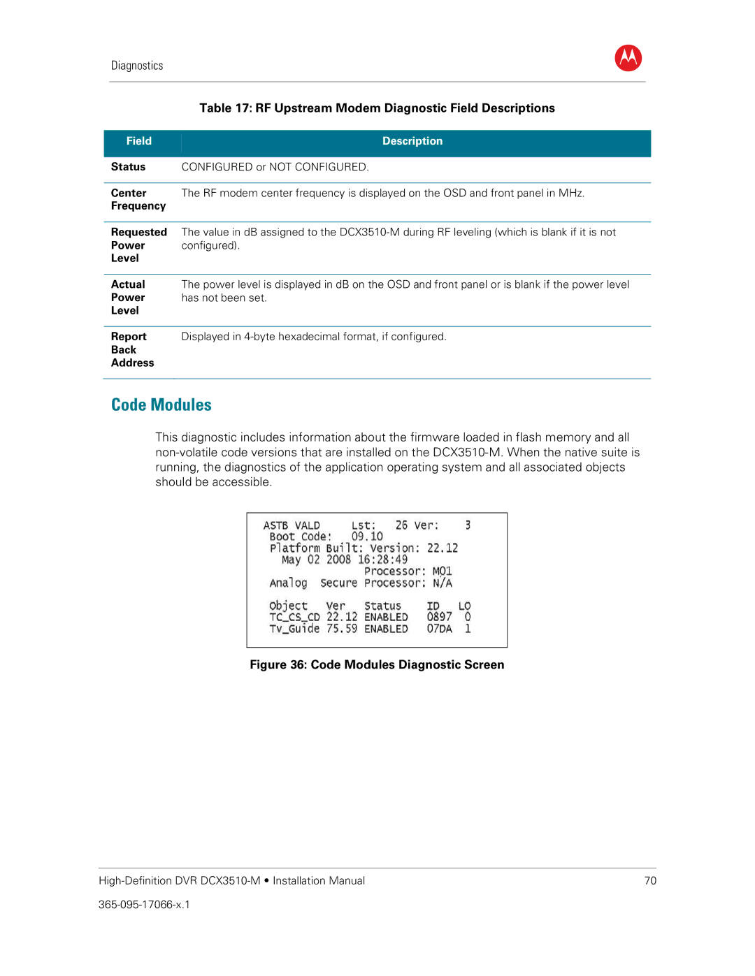 Motorola DCX3510-M installation manual Code Modules, RF Upstream Modem Diagnostic Field Descriptions, Level, Back Address 