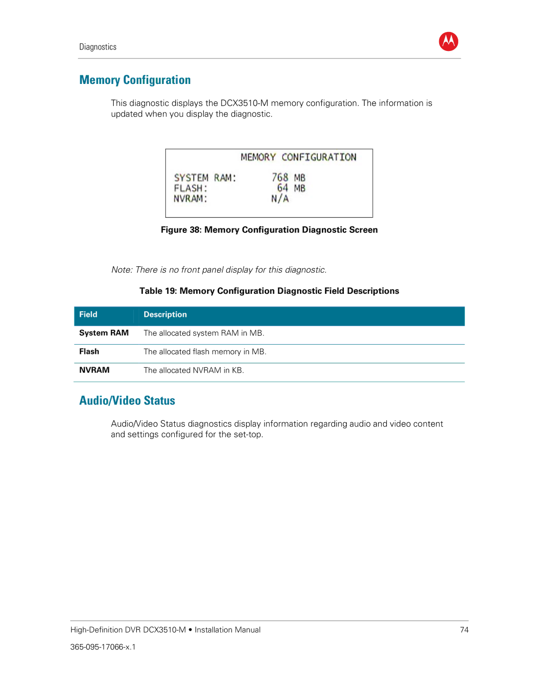 Motorola DCX3510-M installation manual Memory Configuration, Audio/Video Status, System RAM The allocated system RAM in MB 