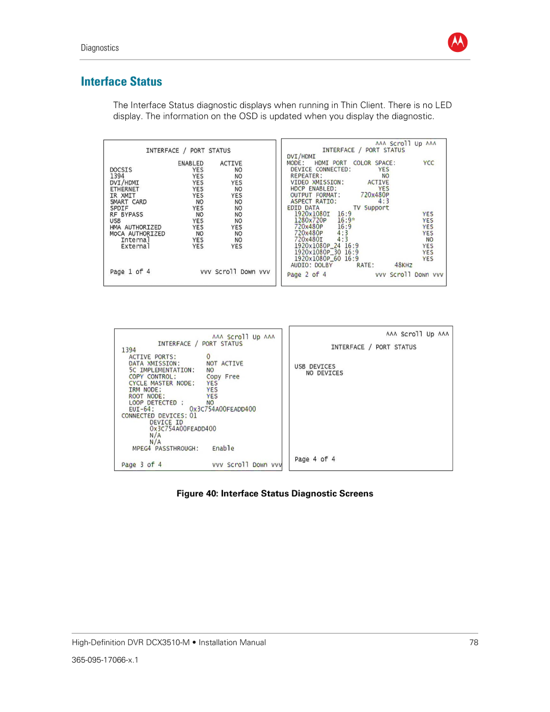 Motorola DCX3510-M installation manual Interface Status Diagnostic Screens 