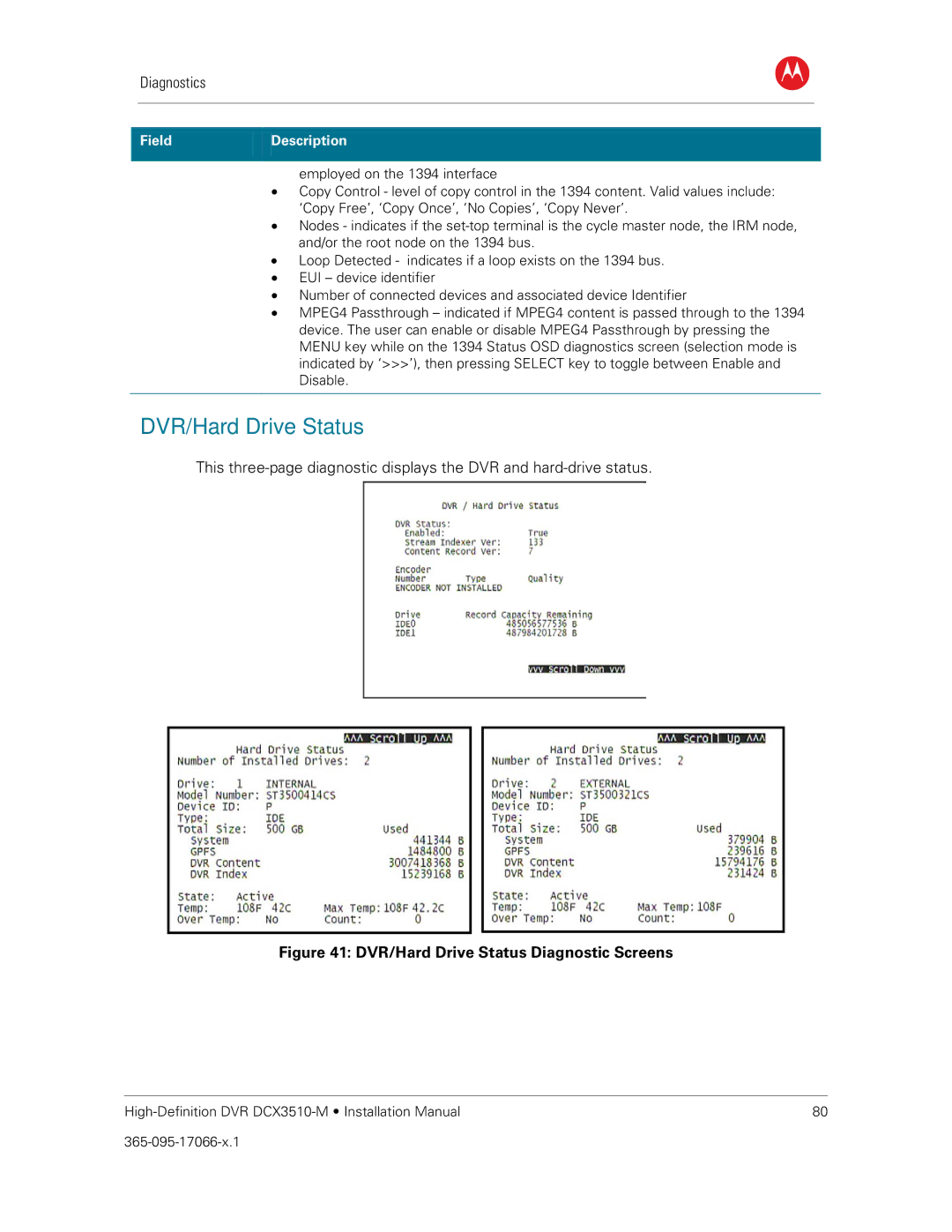 Motorola DCX3510-M installation manual DVR/Hard Drive Status Diagnostic Screens 