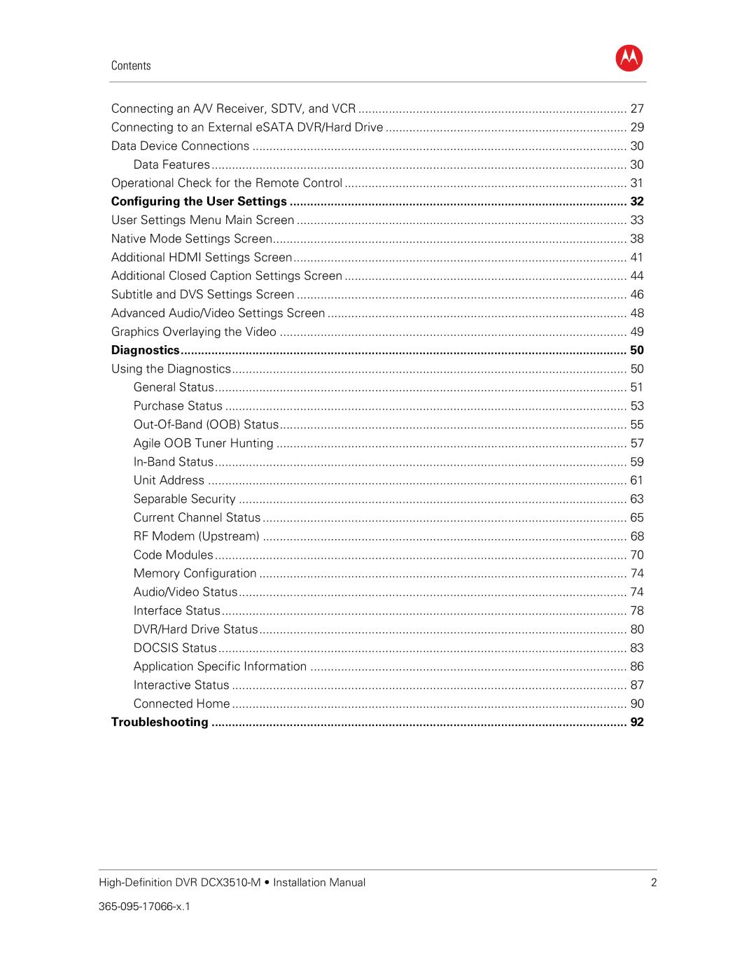 Motorola DCX3510-M installation manual Configuring the User Settings, Diagnostics, Troubleshooting 