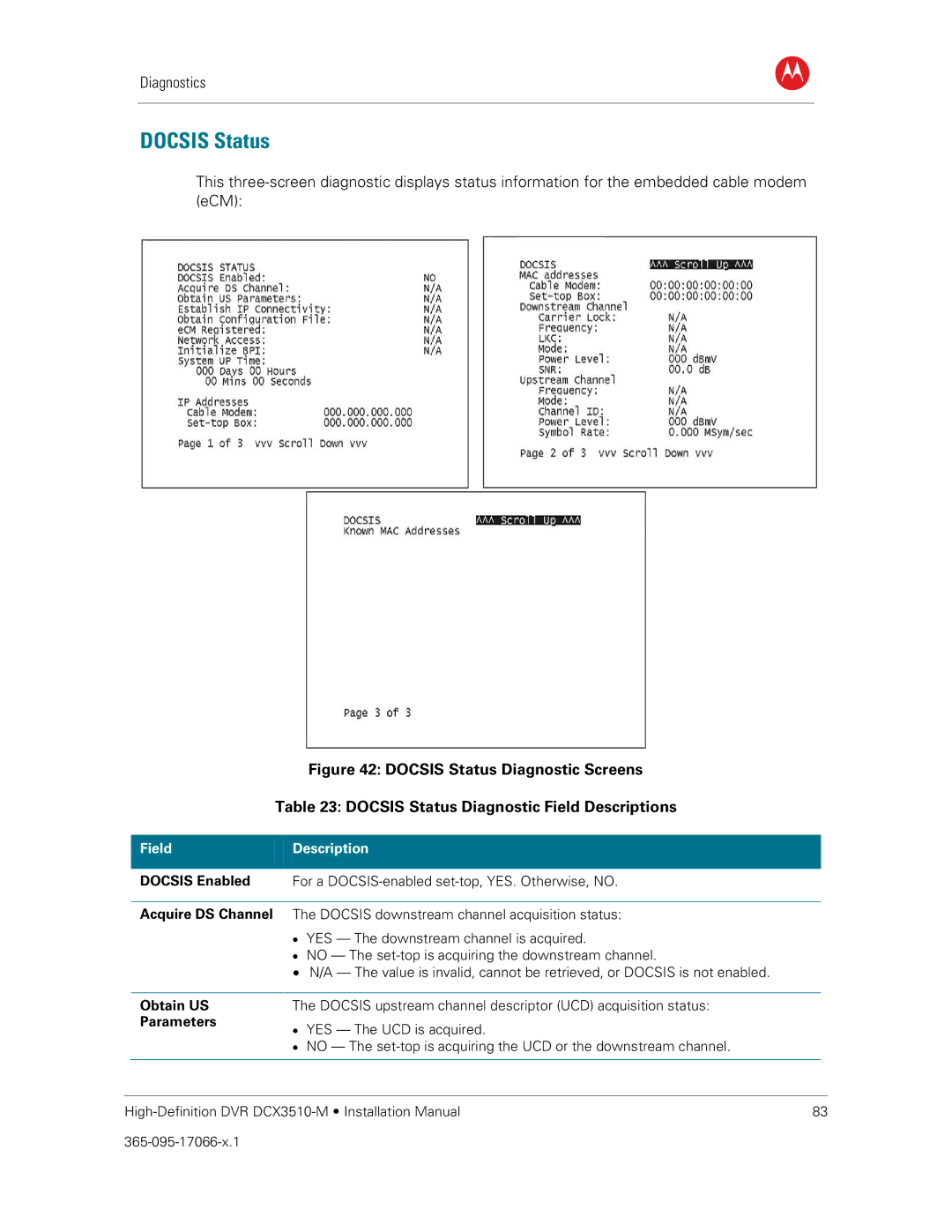 Motorola DCX3510-M installation manual Docsis Status, Docsis Enabled, Acquire DS Channel, Obtain US, Parameters 