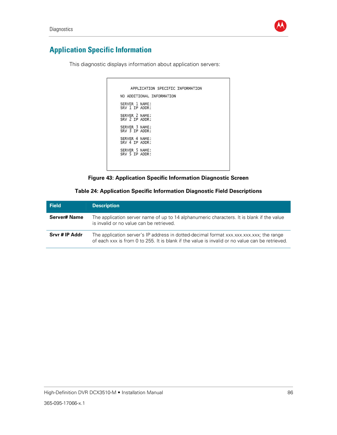 Motorola DCX3510-M installation manual Application Specific Information, Server# Name, Srvr # IP Addr 