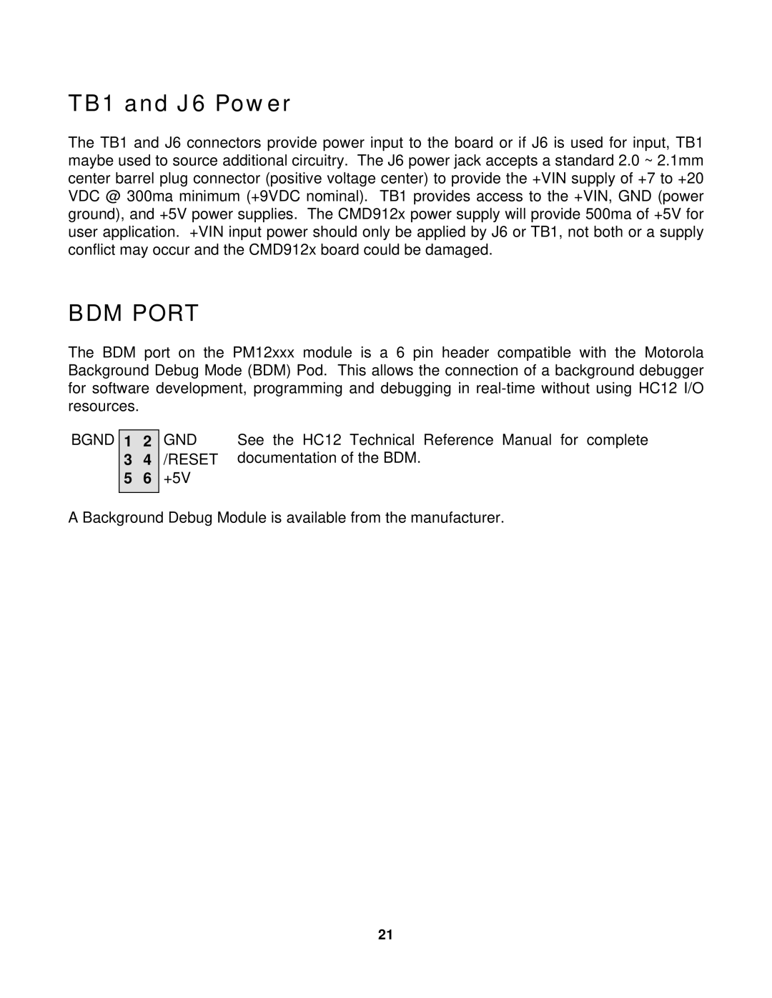 Motorola 68HC912D60, DG128, CMD912x, DT128 manual TB1 and J6 Power, BDM Port 