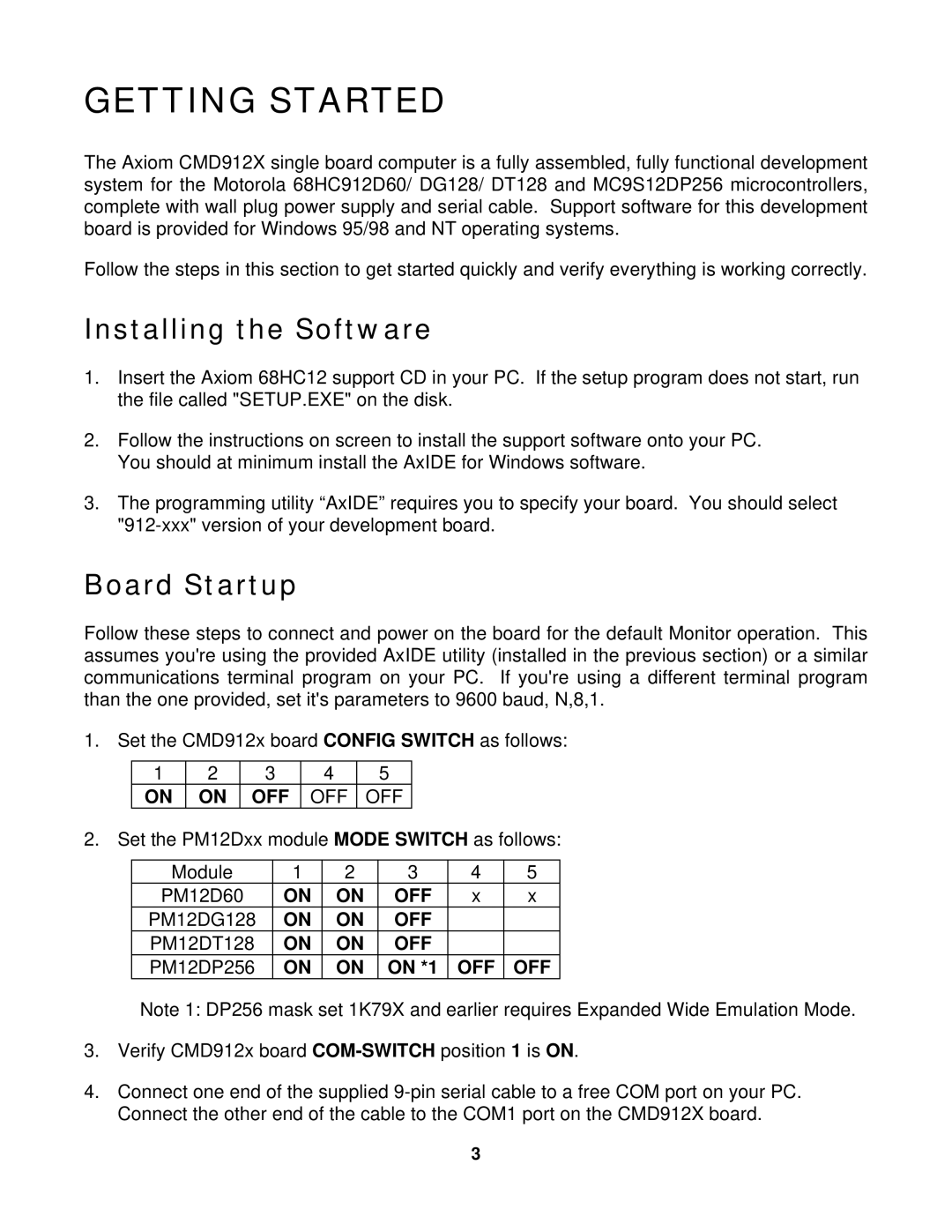 Motorola CMD912x, DG128, 68HC912D60, DT128 manual Getting Started, Installing the Software, Board Startup 