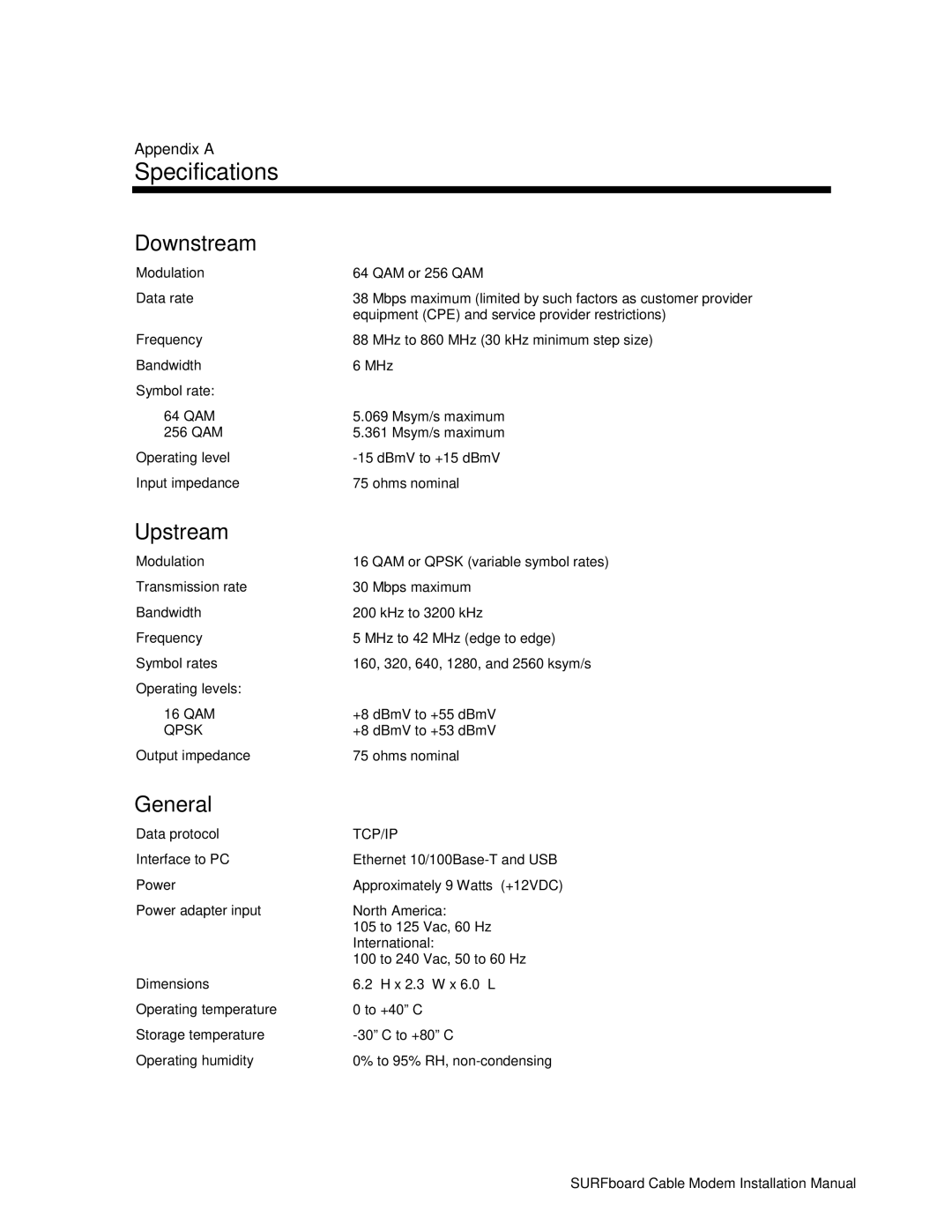 Motorola DHSB5100 installation manual Downstream, Upstream, General, Appendix a 