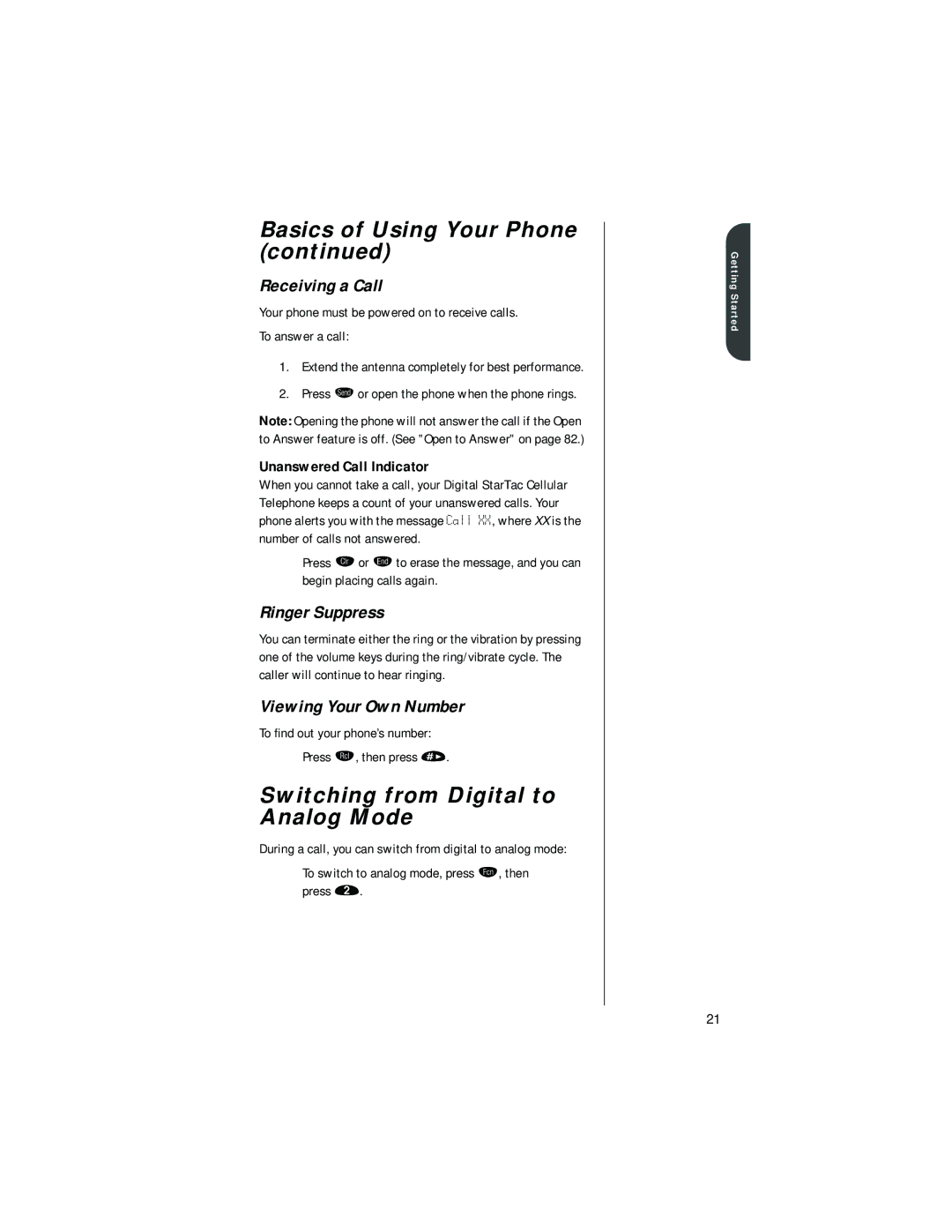 Motorola digital cellular phone specifications Switching from Digital to Analog Mode, Receiving a Call, Ringer Suppress 