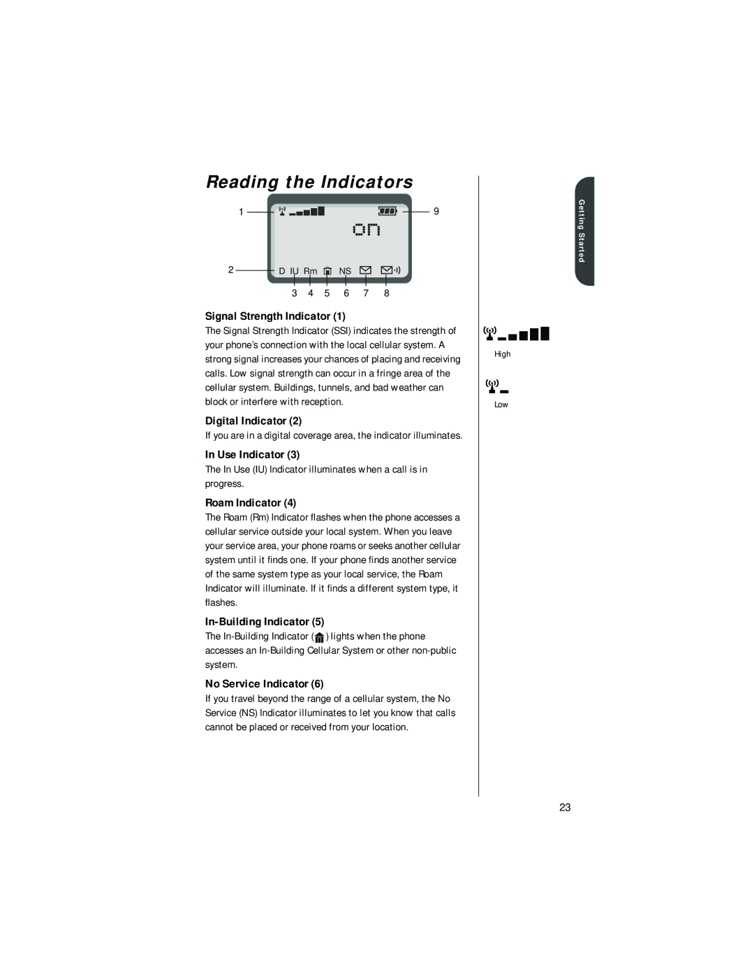 Motorola digital cellular phone specifications Reading the Indicators 