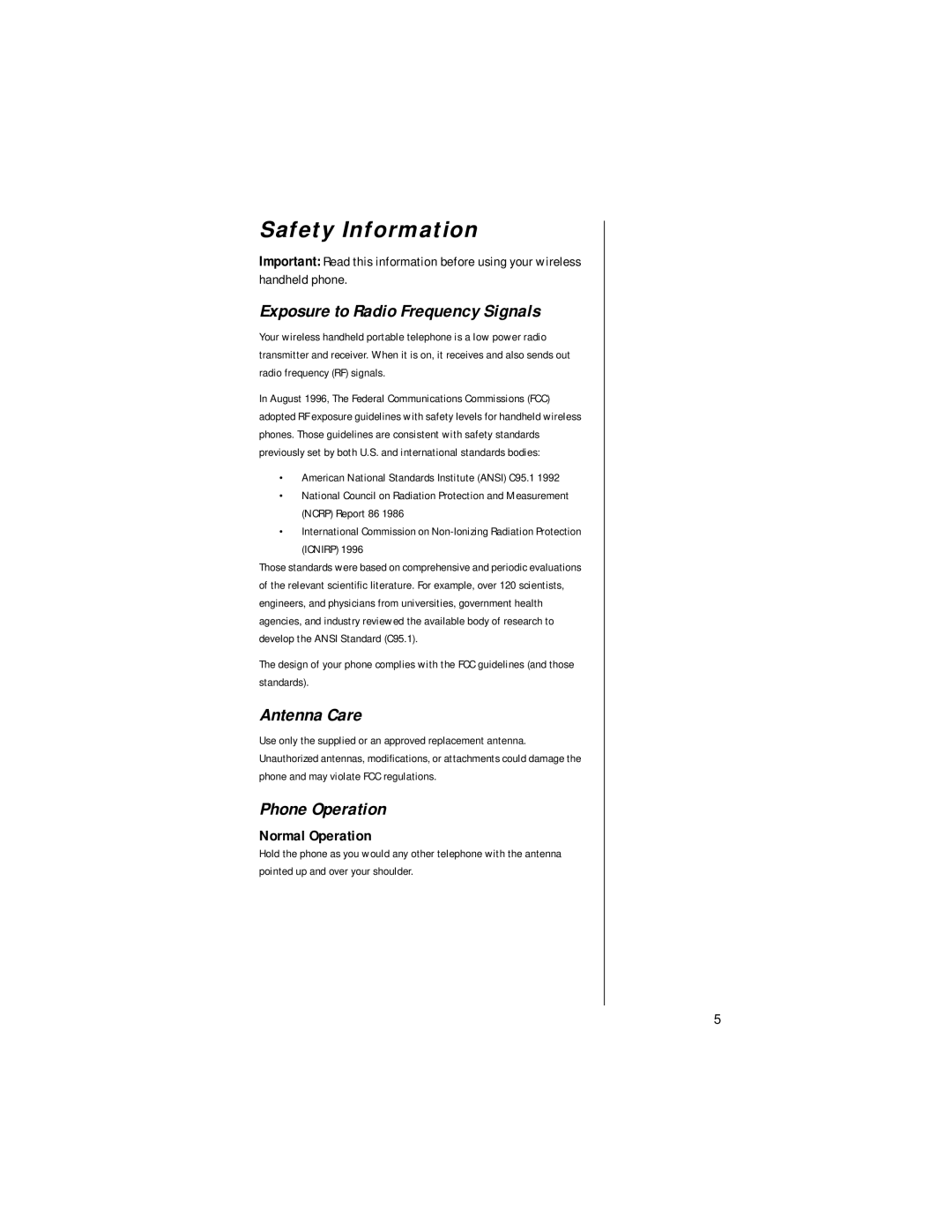 Motorola digital cellular phone Safety Information, Exposure to Radio Frequency Signals, Antenna Care, Phone Operation 