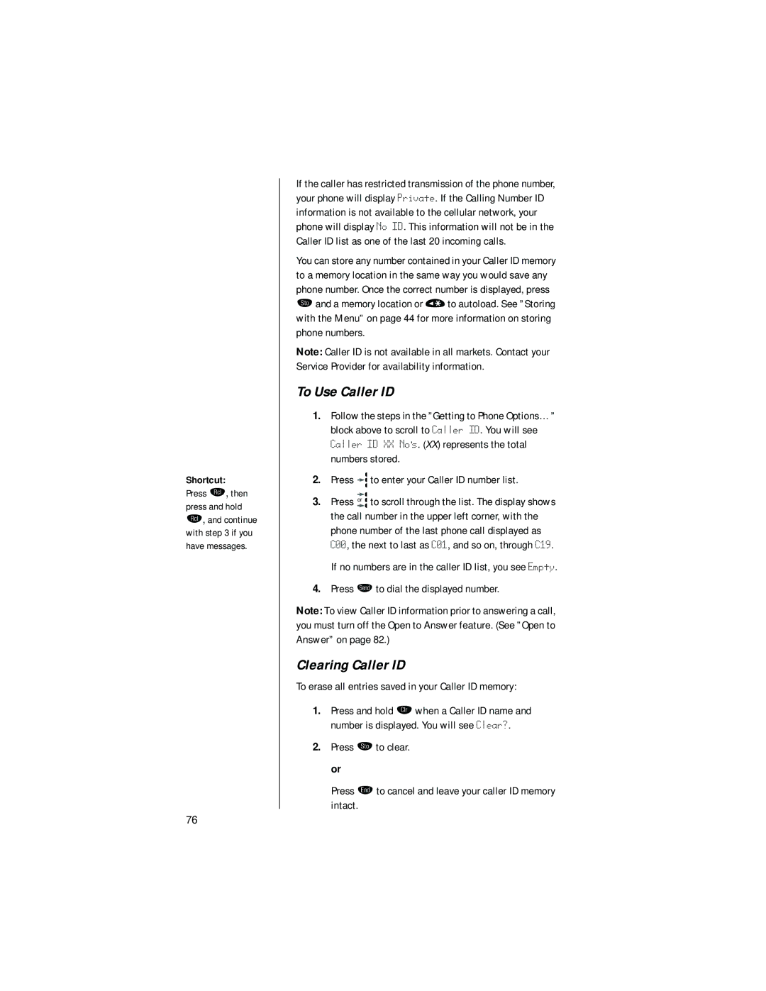 Motorola digital cellular phone specifications To Use Caller ID, Clearing Caller ID, Press æ to dial the displayed number 