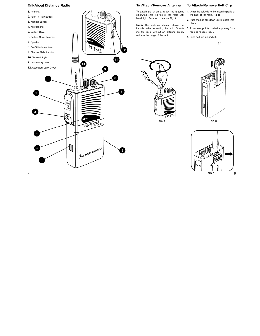 Motorola DPS TalkAbout Distance Radio, To Attach/Remove Antenna, To Attach/Remove Belt Clip, Slide belt clip up and off 