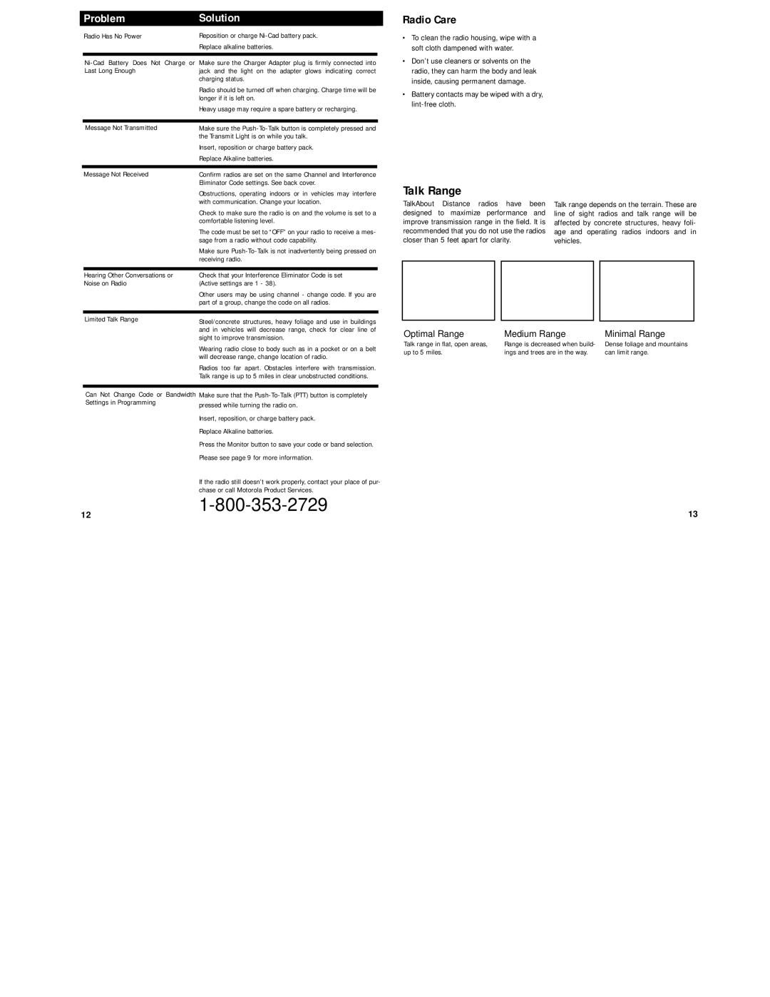 Motorola DPS specifications Radio Care, Optimal Range Medium Range Minimal Range 