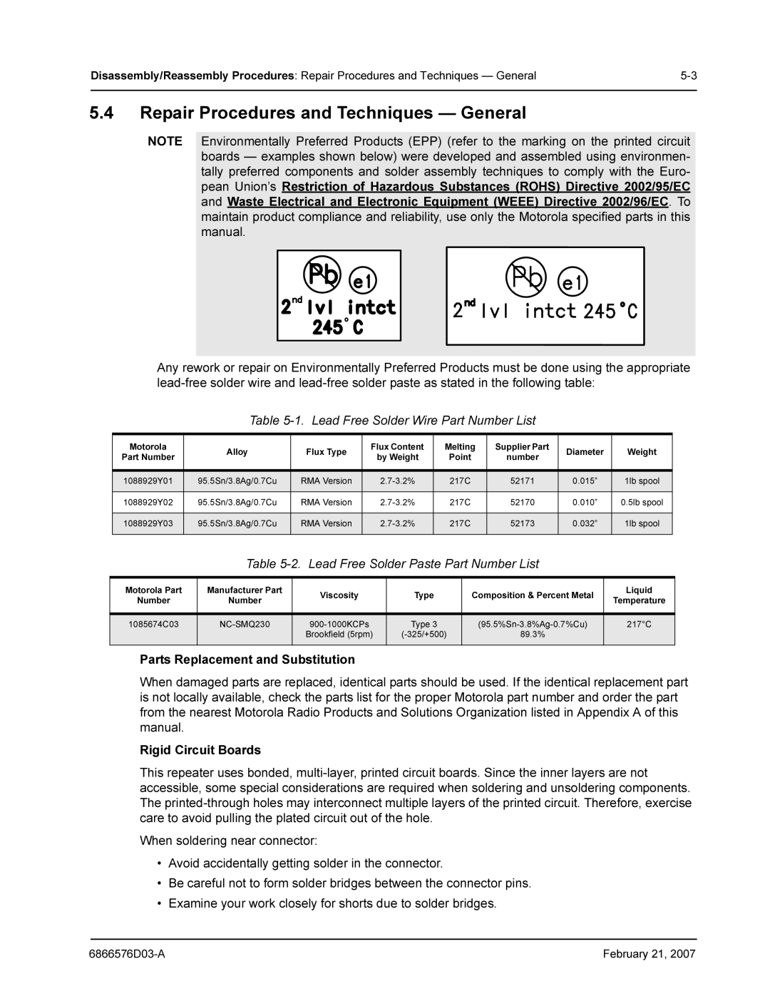 Motorola DR 3000 service manual Repair Procedures and Techniques General, Lead Free Solder Paste Part Number List 