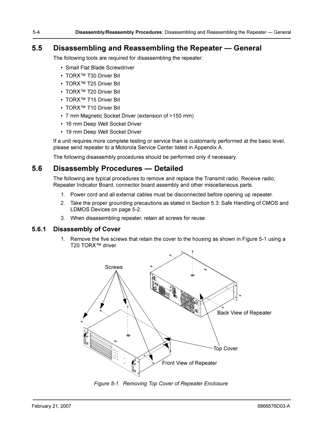 Motorola DR 3000 service manual Disassembling and Reassembling the Repeater General, Disassembly Procedures Detailed 