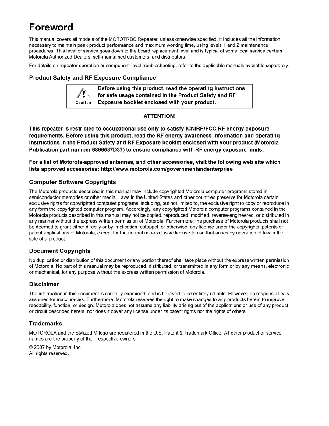 Motorola DR 3000 service manual Foreword, Product Safety and RF Exposure Compliance 