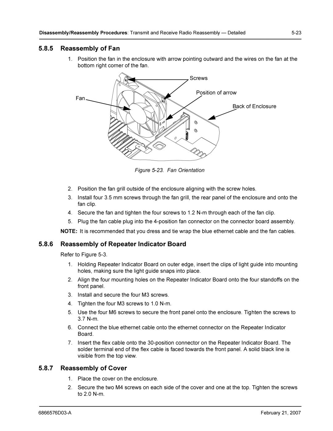 Motorola DR 3000 service manual Reassembly of Fan, Reassembly of Repeater Indicator Board, Reassembly of Cover 