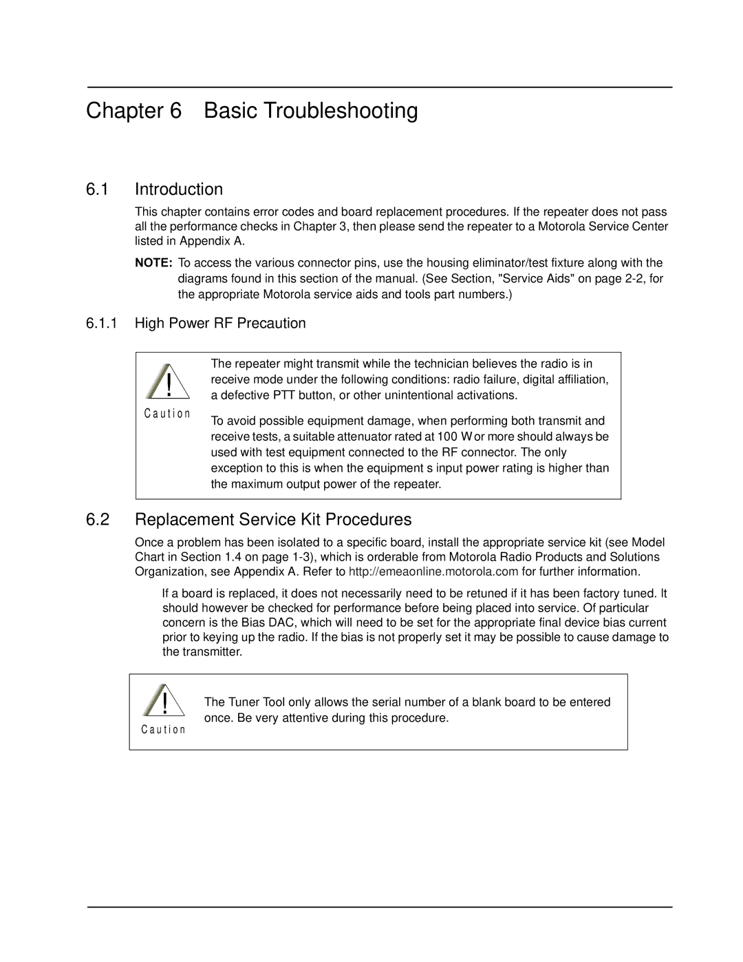 Motorola DR 3000 service manual Basic Troubleshooting, Replacement Service Kit Procedures, High Power RF Precaution 