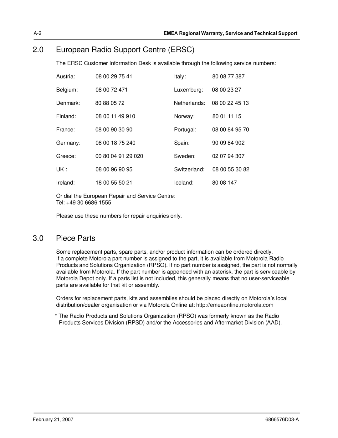 Motorola DR 3000 service manual European Radio Support Centre Ersc, Piece Parts 