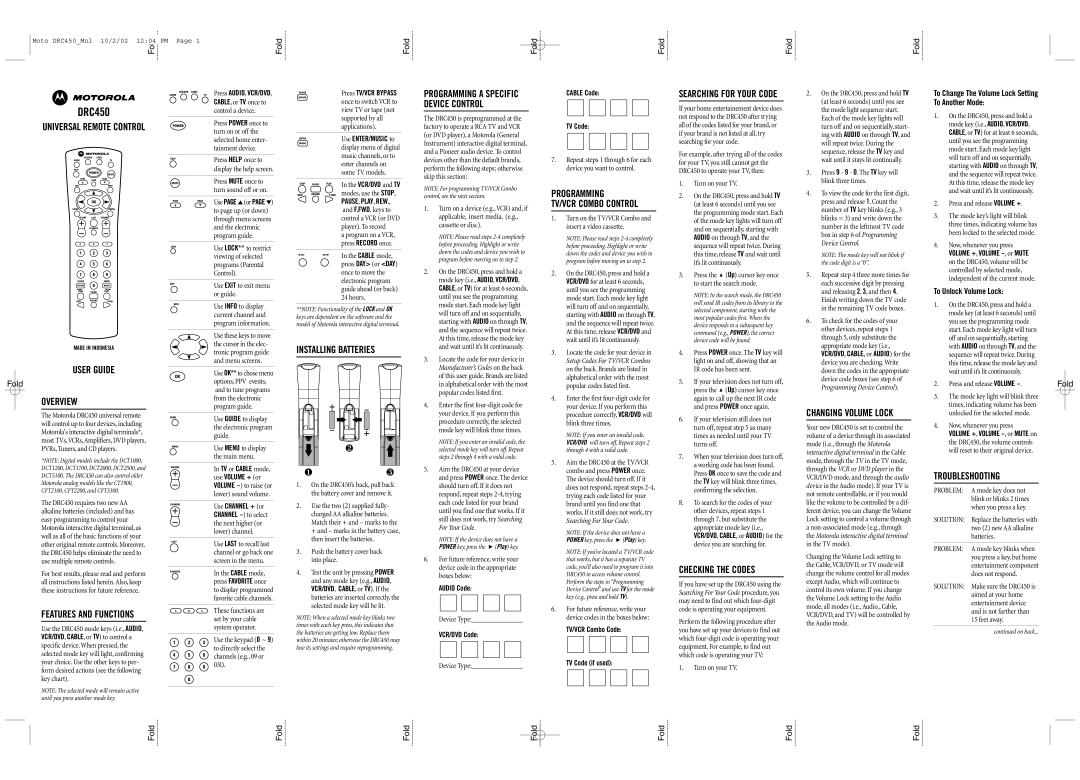 Motorola DRC450 manual Universal Remote Control, User Guide, Overview, Features and Functions, Installing Batteries 