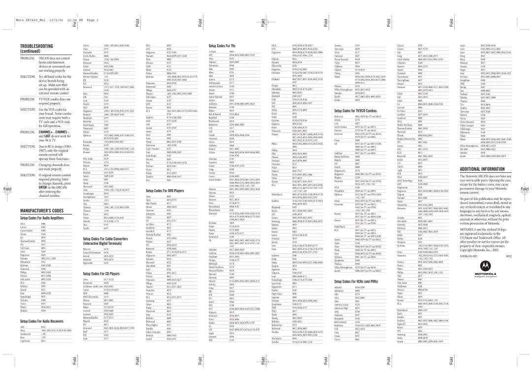 Motorola DRC450 manual Additional Information, Setup Codes For CD Players, Setup Codes For DVD Players, Setup Codes For TVs 