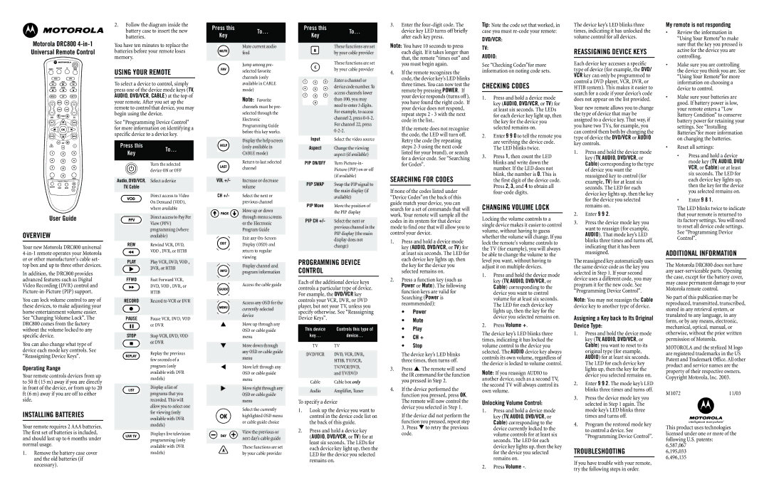 Motorola DRC800 user service Using Your Remote, Checking Codes, Overview, Installing Batteries, Troubleshooting 